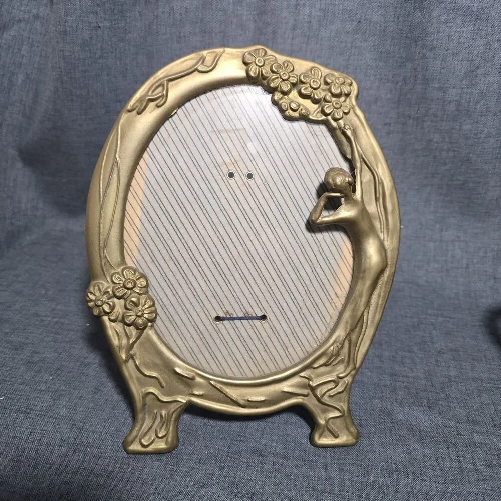 Brass Art Nouveau Lady Of The Lake Oval Picture Frame W/Original Back & Glass